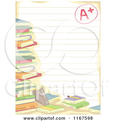 Cartoon of a Stack of School Books over Ruled Paper with an a Plus Grade - Royalty Free Vector Clipart by BNP Design Studio