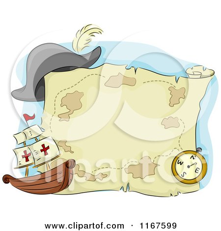 Cartoon of a Pirate Ship Compass Hat and Treasure Map - Royalty Free Vector Clipart by BNP Design Studio