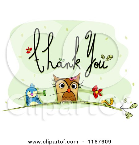 Cartoon of Thank You Text with an Owl Bird Worm and Flowers - Royalty Free Vector Clipart by BNP Design Studio
