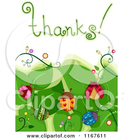Cartoon of Thanks Text with Leaves and Ladybugs - Royalty Free Vector Clipart by BNP Design Studio