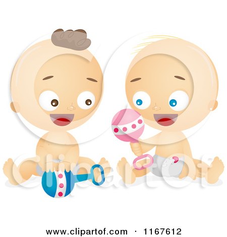 Cartoon of Caucasian Babies Playing with Rattles - Royalty Free Vector Clipart by BNP Design Studio