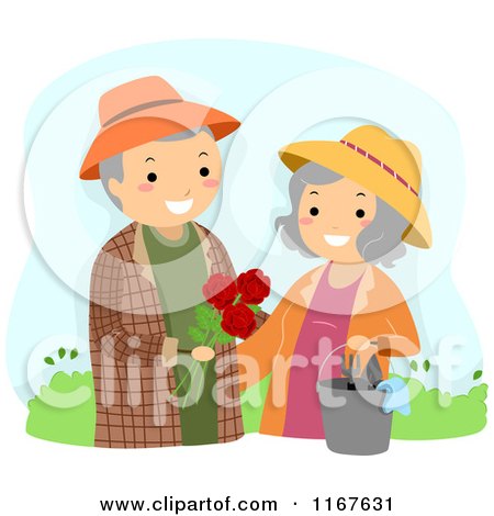 Cartoon of a Happy Senior Couple with the Man Giving His Wife Roses in the Garden - Royalty Free Vector Clipart by BNP Design Studio