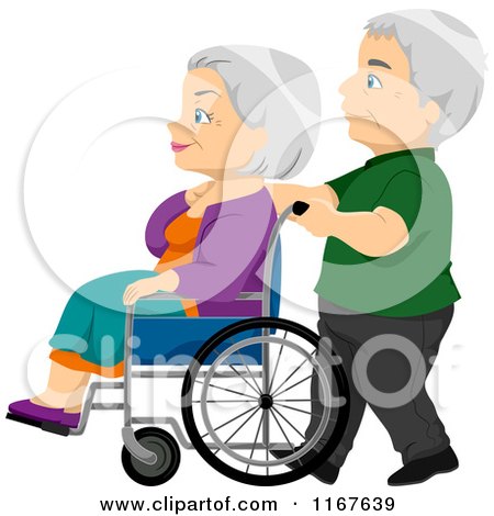 Cartoon of a Senior Man Pushing His Wife in a Wheelchair - Royalty Free Vector Clipart by BNP Design Studio