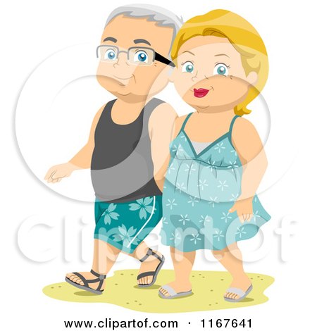 Cartoon of a Senior Couple Walking on a Beach - Royalty Free Vector Clipart by BNP Design Studio