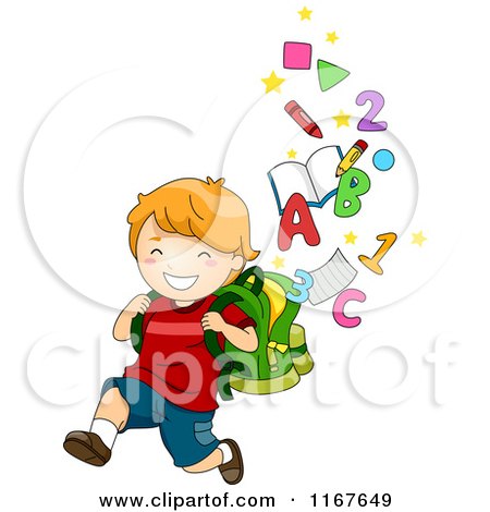 Cartoon of a Happy School Boy Running with a Backpack and Floating Letters and Numbers - Royalty Free Vector Clipart by BNP Design Studio