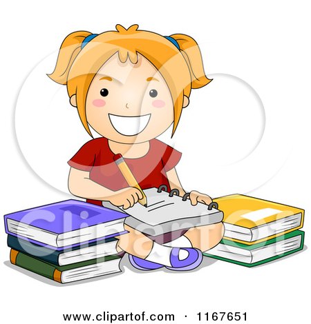Cartoon of a Happy School Girl Taking Notes by Books - Royalty Free Vector Clipart by BNP Design Studio