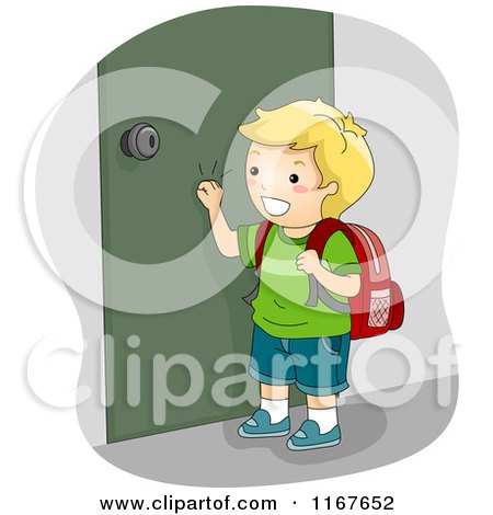 Cartoon of a Happy Blond School Boy Knocking on a Door - Royalty Free Vector Clipart by BNP Design Studio