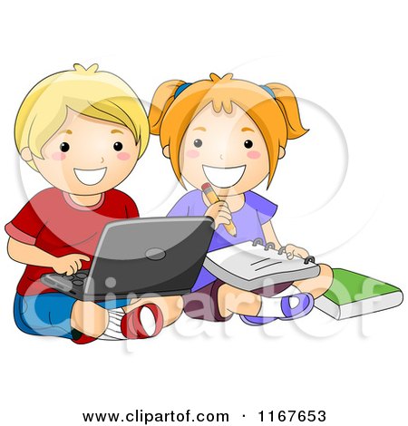 Cartoon Of A School Boy And Girl Studying On A Laptop Computer
