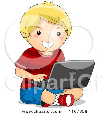 Cartoon of a Happy Blond Boy Using a Laptop on the Floor - Royalty Free Vector Clipart by BNP Design Studio