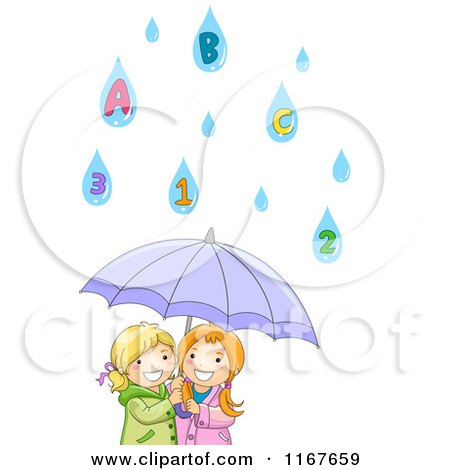 Cartoon of Two Happy Girls Under an Umbrella with Number and Letter Rain Drops - Royalty Free Vector Clipart by BNP Design Studio