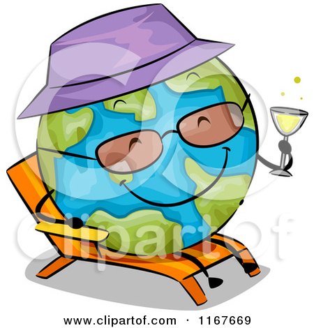 Cartoon of a Relaxed Earth Sun Bathing with a Cocktail - Royalty Free Vector Clipart by BNP Design Studio