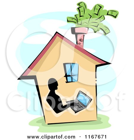 Cartoon of a Home Business Worker on a Laptop with Cash Flying from the Chimney - Royalty Free Vector Clipart by BNP Design Studio
