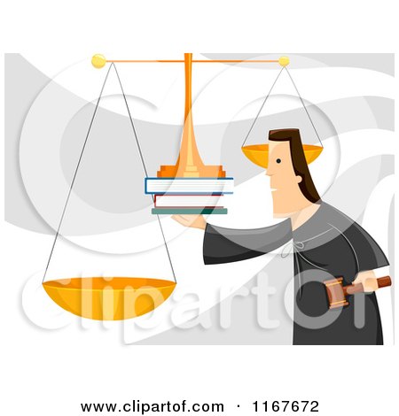 Cartoon of a Judge Weighing Evidence on Scales - Royalty Free Vector Clipart by BNP Design Studio