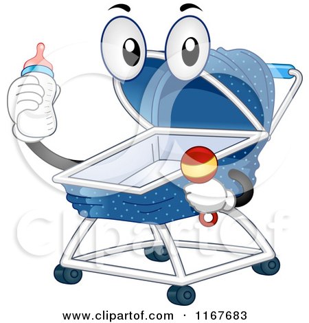 Cartoon of a Baby Crib Mascot Holding a Rattle and Bottle - Royalty Free Vector Clipart by BNP Design Studio