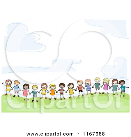 Cartoon of a Group of Diverse Children Holding Hands on a Hill - Royalty Free Vector Clipart by BNP Design Studio