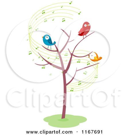 Cartoon of a Bare Tree with Singing Birds and Music Notes - Royalty Free Vector Clipart by BNP Design Studio