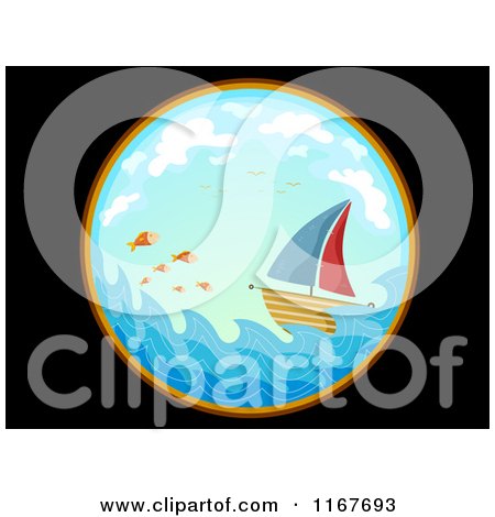 Cartoon of a Telescopic View of a Sailboat and Fish at Sea - Royalty Free Vector Clipart by BNP Design Studio
