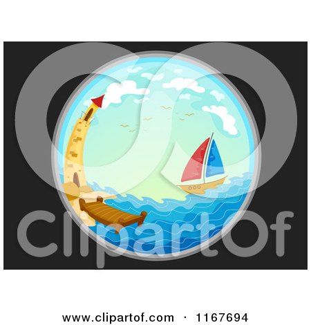 Cartoon of a Telescopic View of a Sailboat and Lighthouse at Sea - Royalty Free Vector Clipart by BNP Design Studio