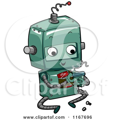 Cartoon of a Cute Green Robot Fixing Itself - Royalty Free Vector Clipart by BNP Design Studio