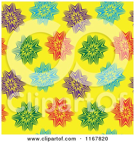 Cartoon of a Seamless Pattern of Colorful Starbursts over Yellow - Royalty Free Vector Clipart by Cherie Reve