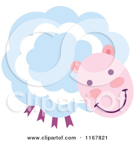 Cartoon of a Cute Sheep with a Pink Face and Blue Wool - Royalty Free Vector Clipart by Cherie Reve