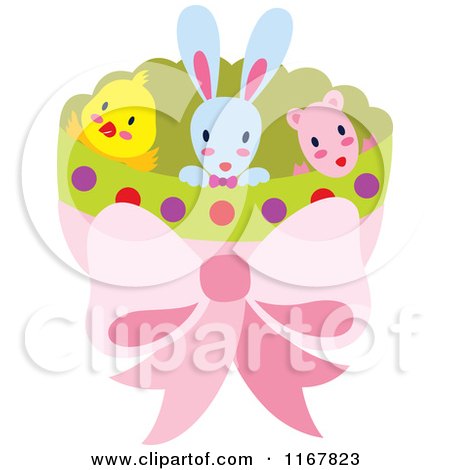 Cartoon of a Halved Easter Egg Shell with Rabbit Chick and Lamb - Royalty Free Vector Clipart by Cherie Reve