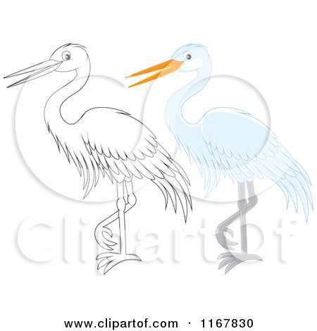 Cartoon of a Standing Outlined and White Heron or Egret - Royalty Free Vector Clipart by Alex Bannykh