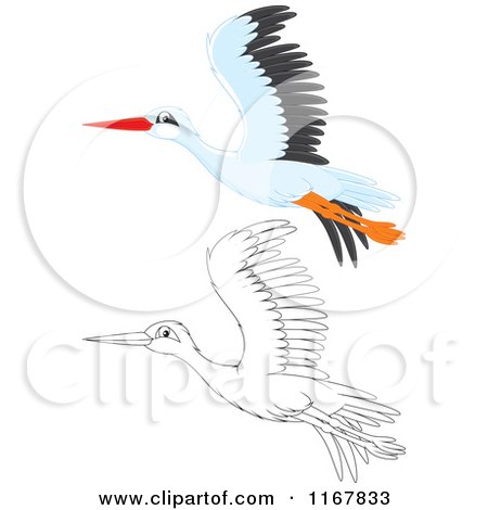 Cartoon of a Flying Outlined and White Stork - Royalty Free Vector Clipart by Alex Bannykh