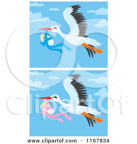 Cartoon of Bundled up Babies and Flying Storks - Royalty Free Vector Clipart by Alex Bannykh