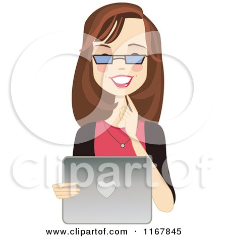Clipart of a Happy Brunette Woman with Glasses, Using a Laptop - Royalty Free Vector Illustration by peachidesigns