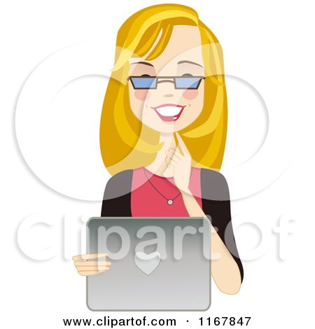 Clipart of a Happy Blond Woman with Glasses, Using a Laptop - Royalty Free Vector Illustration by peachidesigns