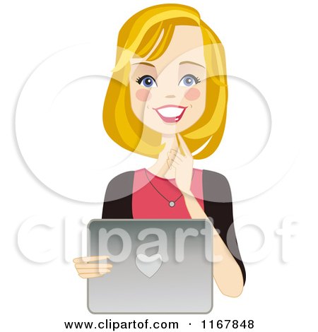 Clipart of a Happy Blond Woman Using a Laptop - Royalty Free Vector Illustration by peachidesigns