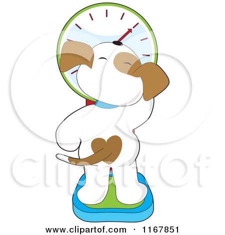 Cartoon of a Rear View of a Puppy with a Heart Spot, Standing on a Scale - Royalty Free Vector Clipart by Maria Bell