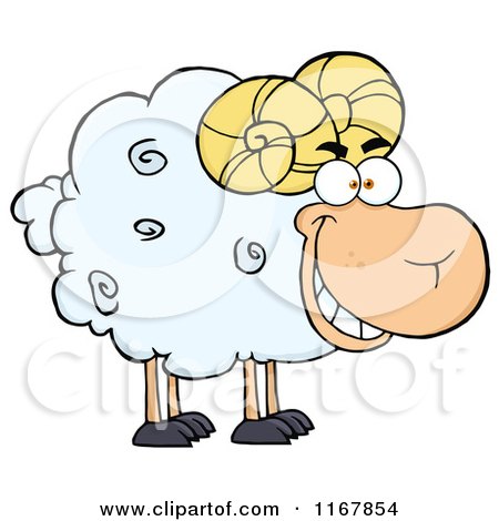 Cartoon of a Grinning White Ram - Royalty Free Vector Clipart by Hit Toon