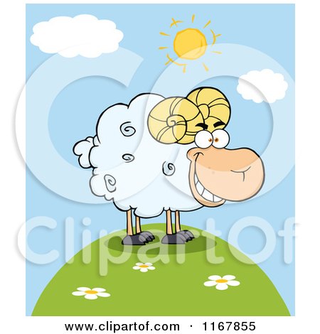 Cartoon of a Grinning White Ram on a Hill - Royalty Free Vector Clipart by Hit Toon