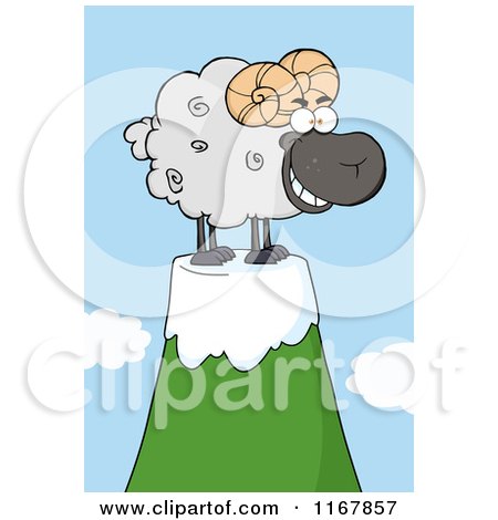 Cartoon of a Grinning Black Ram on a Mountain Top - Royalty Free Vector Clipart by Hit Toon