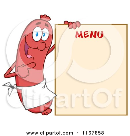 Cartoon of a Sausage Mascot Pointing to Menu Board - Royalty Free Vector Clipart by Hit Toon