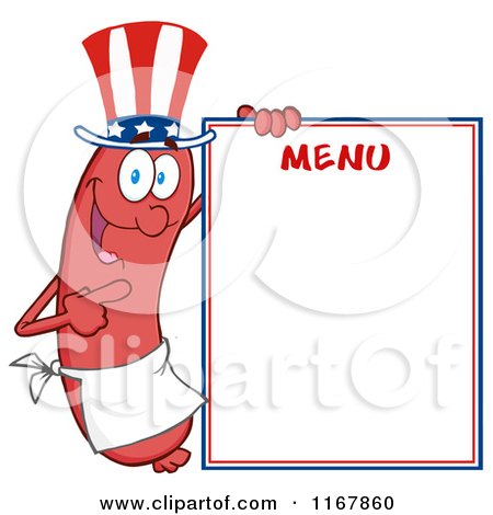 Cartoon of an American Sausage Mascot Pointing to Menu Board - Royalty Free Vector Clipart by Hit Toon