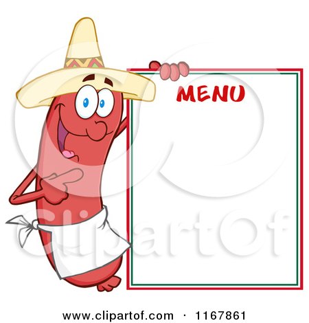 Cartoon of a Mexican Sausage Mascot Pointing to Menu Board - Royalty Free Vector Clipart by Hit Toon