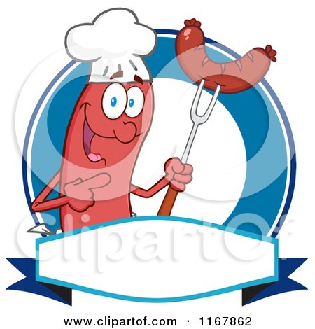 Cartoon of a Chef Sausage Mascot with Meatn on a Fork over a Banner and Circle - Royalty Free Vector Clipart by Hit Toon