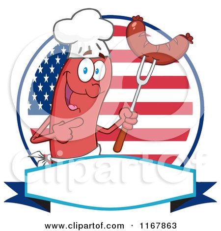 Cartoon of a Chef Sausage Mascot with Meatn on a Fork over a Banner and American Circle - Royalty Free Vector Clipart by Hit Toon