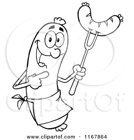 Cartoon of an Outlined Sausage Mascot Pointing to a Weenie on a Fork - Royalty Free Vector Clipart by Hit Toon