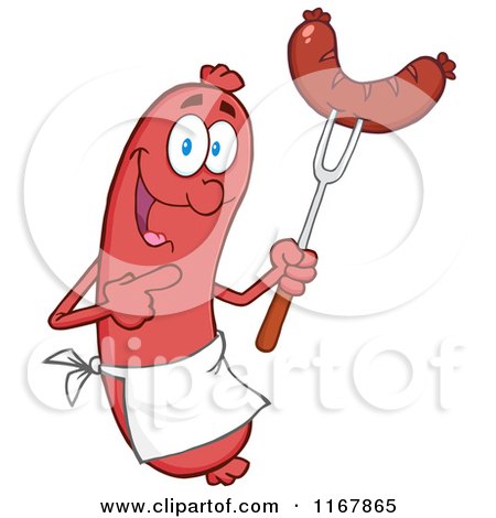 Cartoon of a Sausage Mascot Pointing to a Weenie on a Fork - Royalty Free Vector Clipart by Hit Toon
