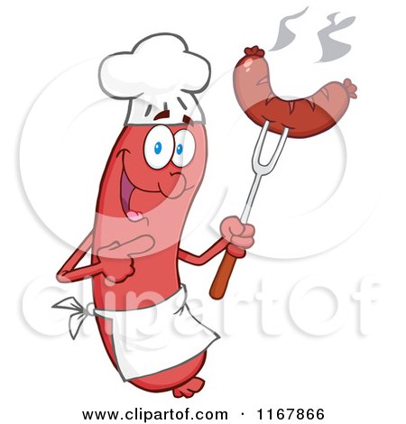 Cartoon of a Chef Sausage Mascot Pointing to a Weenie on a Fork - Royalty Free Vector Clipart by Hit Toon