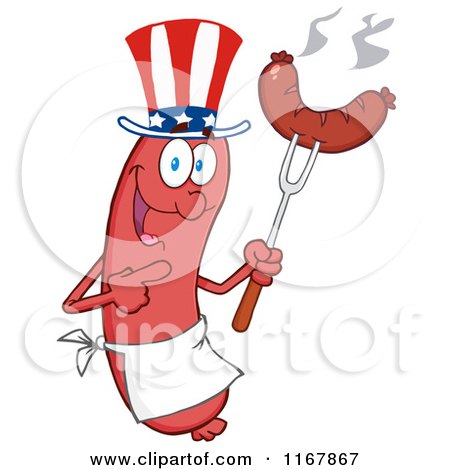 Cartoon of an American Sausage Mascot Pointing to a Weenie on a Fork - Royalty Free Vector Clipart by Hit Toon