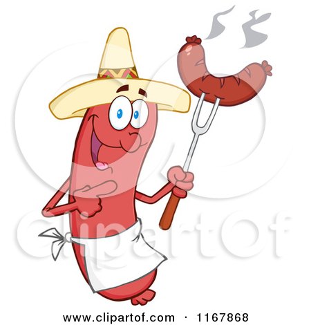 Cartoon of a Mexican Sausage Mascot Pointing to a Weenie on a Fork - Royalty Free Vector Clipart by Hit Toon