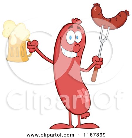 Cartoon of a Sausage Mascot with Legs, Holding a Beer and Meat on a Fork - Royalty Free Vector Clipart by Hit Toon