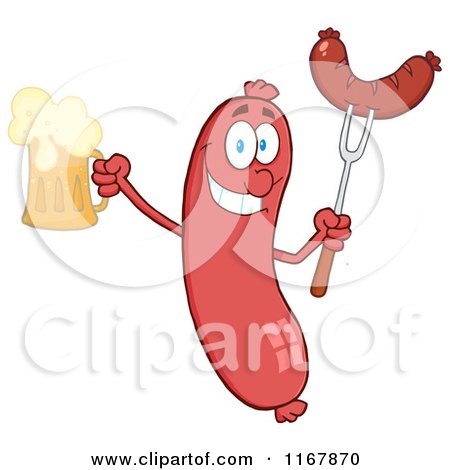Cartoon of a Sausage Mascot Holding a Beer and Meat on a Fork - Royalty Free Vector Clipart by Hit Toon