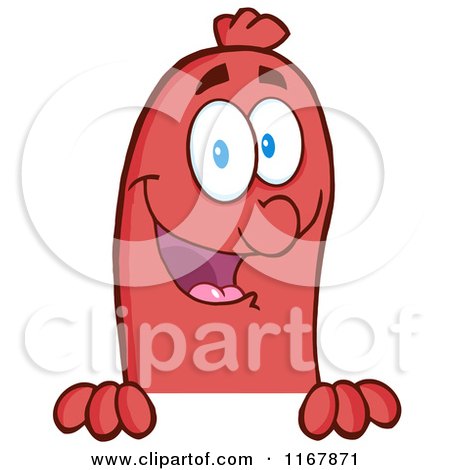 Cartoon of a Happy Sausage Mascot over a Sign or Surface - Royalty Free Vector Clipart by Hit Toon