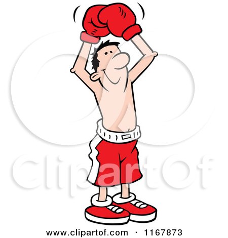 Cartoon of an Unlikely Victor Boxer Man Holding up His Gloves - Royalty Free Vector Clipart by Johnny Sajem